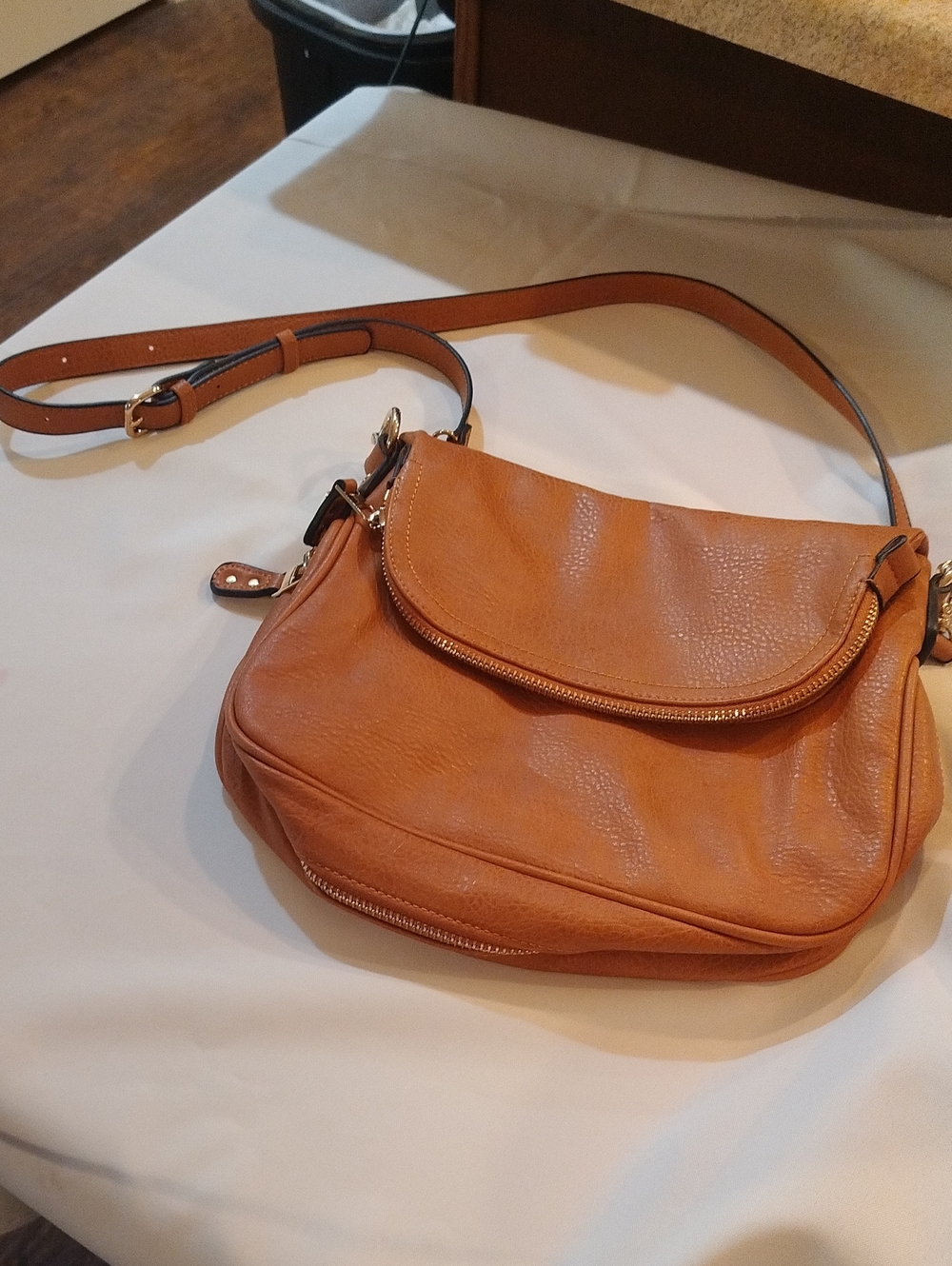 Moda Luxe Tan Pebbled Leather Crossbody with Flap and Zip